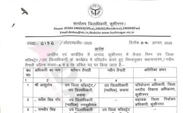 डीएम कुशीनगर ने पांच उप जिला अधिकारी/उप जिला मजिस्ट्रेट का किया स्थानांतरण, सूची देखें