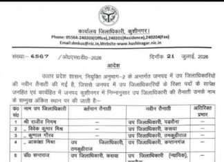 कुशीनगर में प्रशासनिक फेरबदल: 5 उप जिलाधिकारियों को मिली नए तहसीलों की जिम्मेदारी