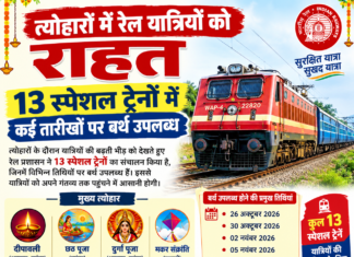 त्योहारों में रेल यात्रियों को राहत, 13 स्पेशल ट्रेनों में कई तारीखों पर बर्थ उपलब्ध