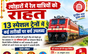त्योहारों में रेल यात्रियों को राहत, 13 स्पेशल ट्रेनों में कई तारीखों पर बर्थ उपलब्ध